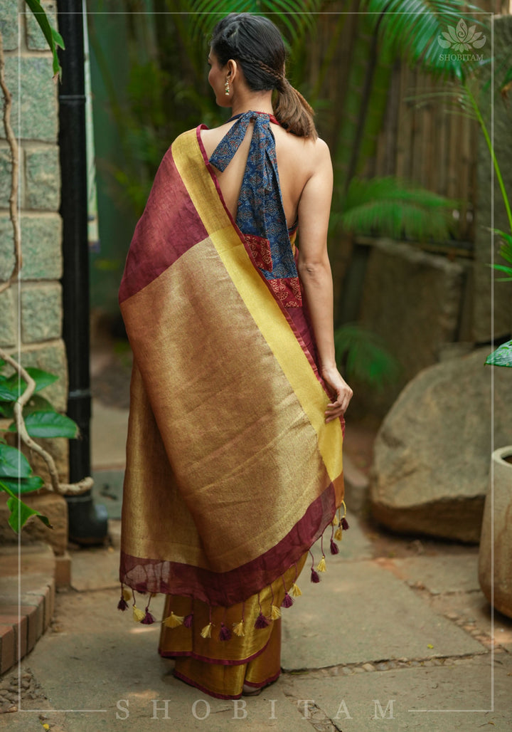 Wide Antique Golden Border Linen by Linen Saree in Maroon