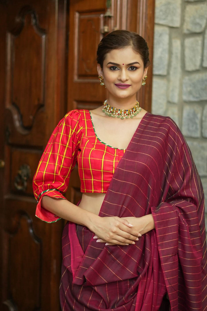 Red checked pure rawsilk u neck blouse with puff sleeves