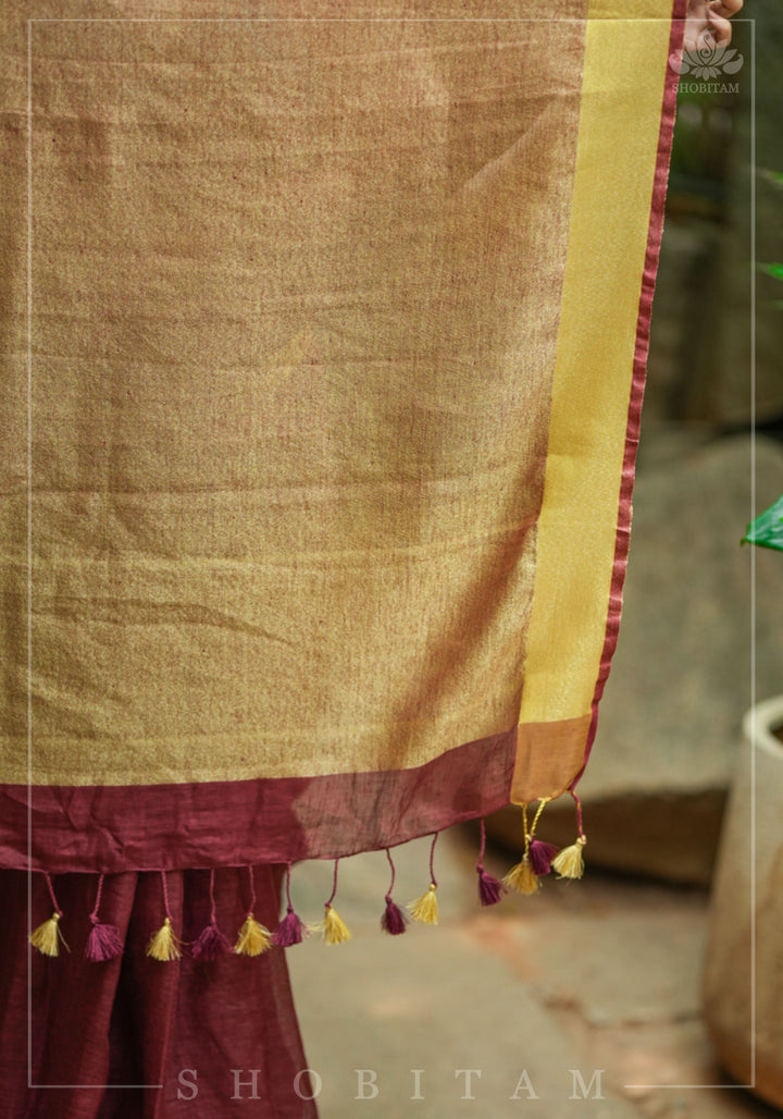 Wide Antique Golden Border Linen by Linen Saree in Maroon