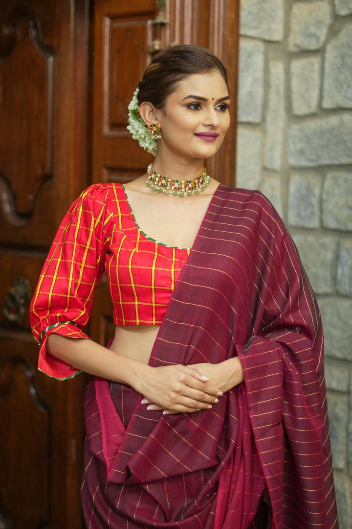 Red checked pure rawsilk u neck blouse with puff sleeves