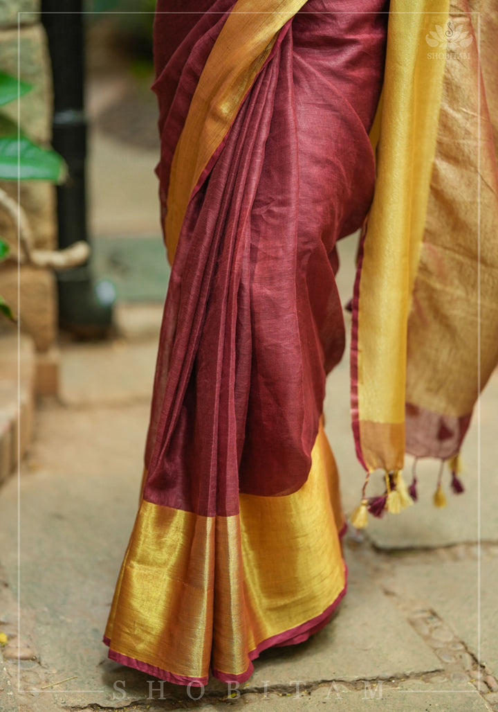 Wide Antique Golden Border Linen by Linen Saree in Maroon