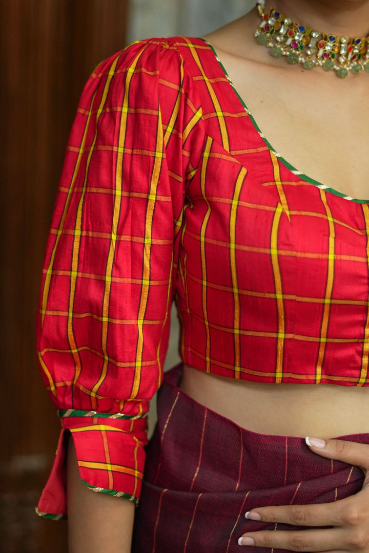 Red checked pure rawsilk u neck blouse with puff sleeves