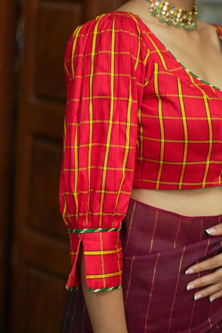 Red checked pure rawsilk u neck blouse with puff sleeves