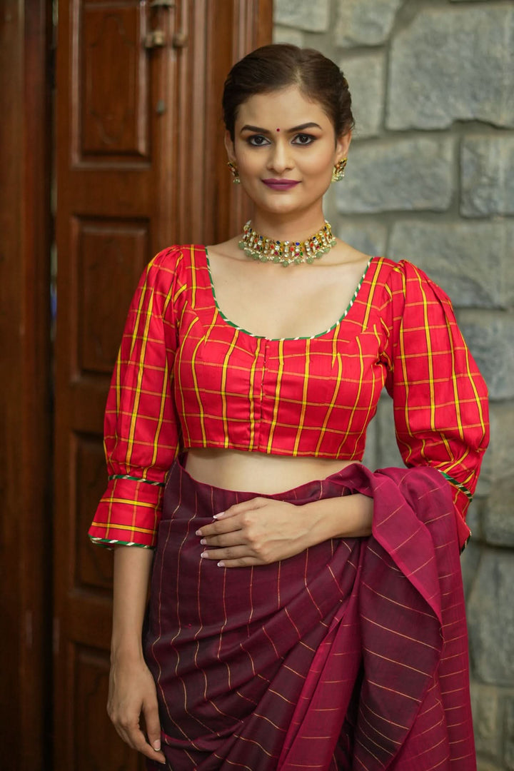 Red checked pure rawsilk u neck blouse with puff sleeves