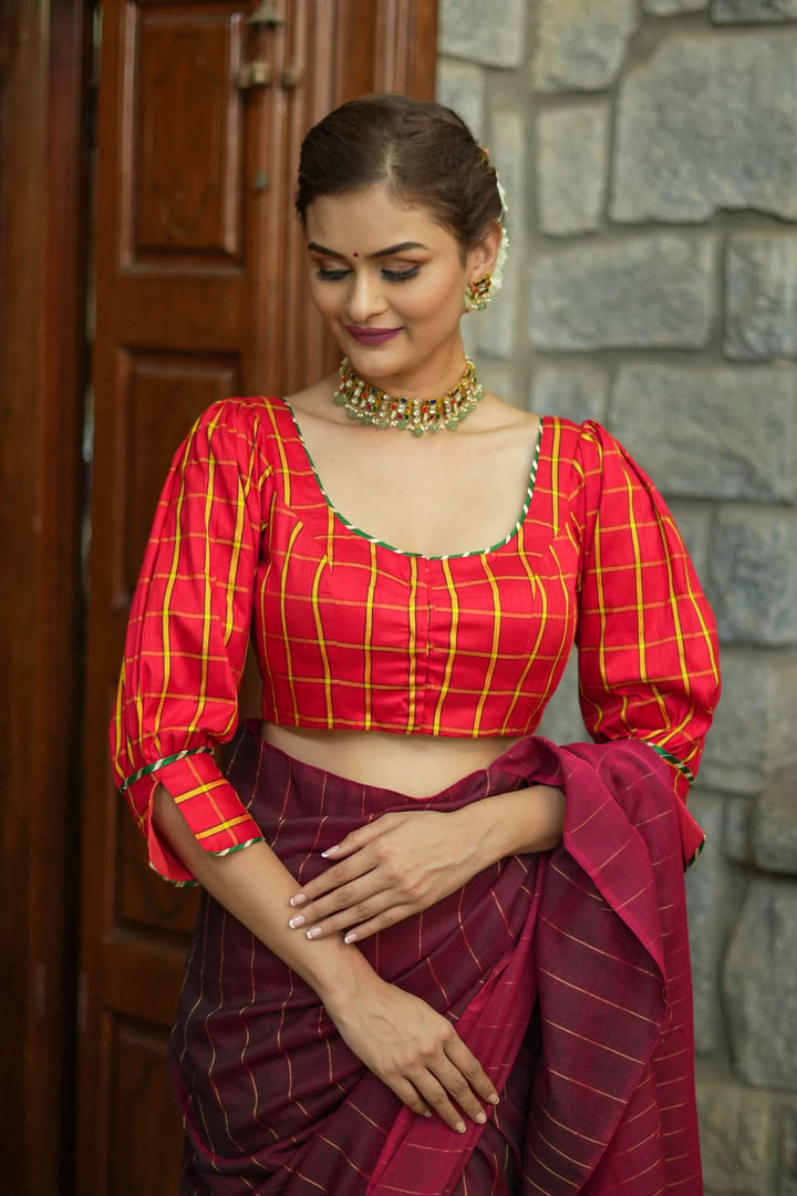 Red checked pure rawsilk u neck blouse with puff sleeves
