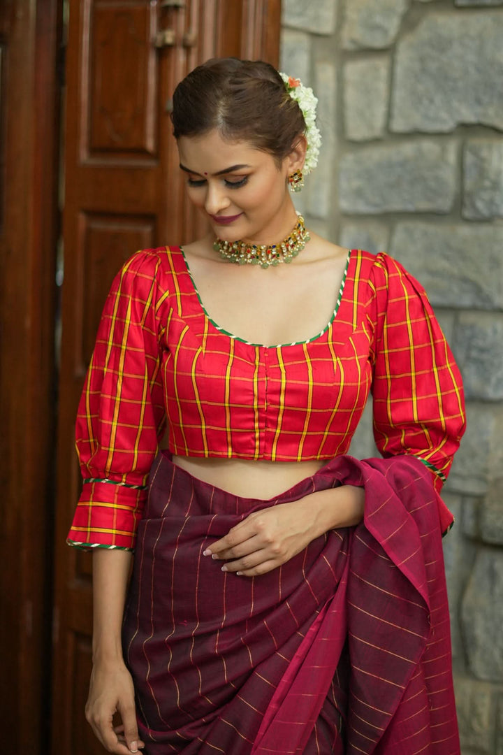 Red checked pure rawsilk u neck blouse with puff sleeves