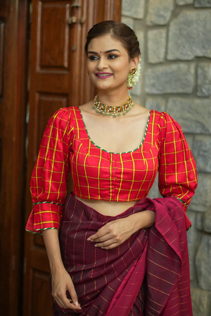 Red checked pure rawsilk u neck blouse with puff sleeves