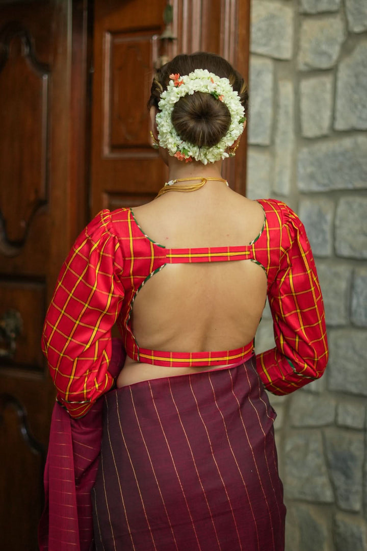 Red checked pure rawsilk u neck blouse with puff sleeves