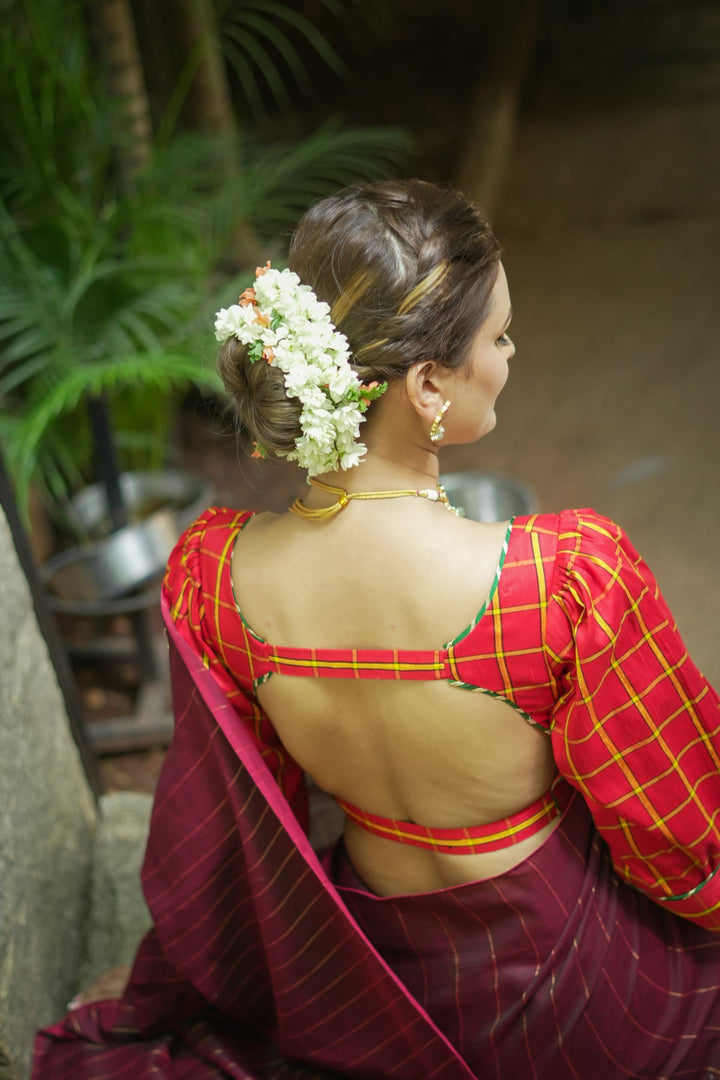 Red checked pure rawsilk u neck blouse with puff sleeves