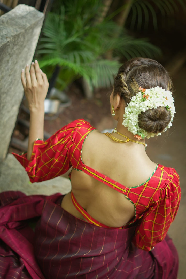 Red checked pure rawsilk u neck blouse with puff sleeves