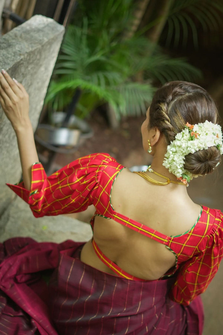 Red checked pure rawsilk u neck blouse with puff sleeves