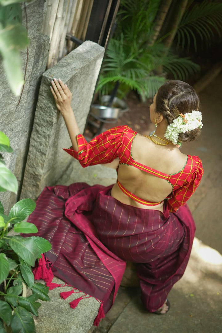 Red checked pure rawsilk u neck blouse with puff sleeves