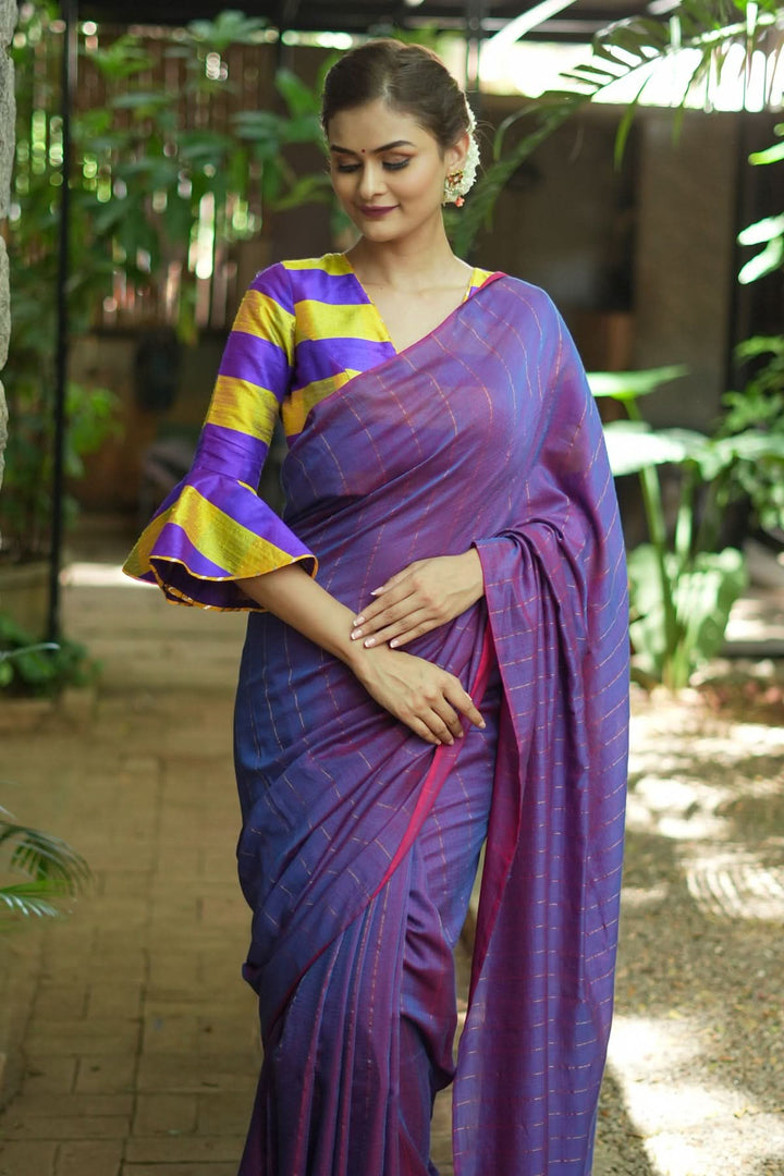 Reversible Maheshwari Saree in Mercerised Cotton with Extra Long tassles in Purple, no blouse Piece