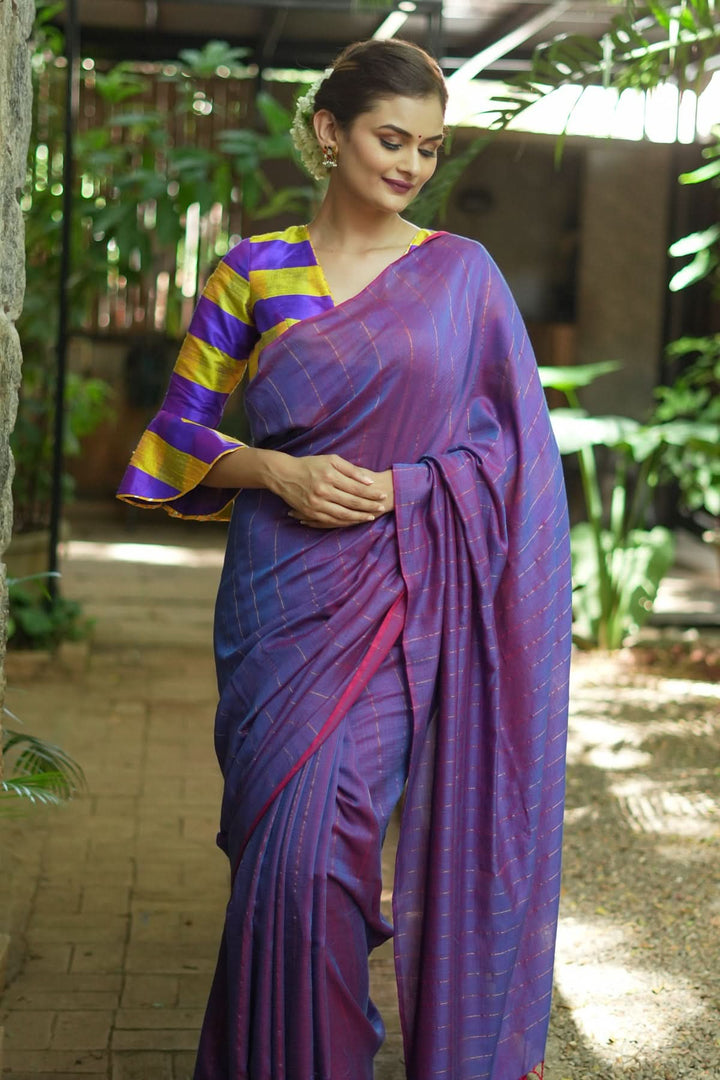 Reversible Maheshwari Saree in Mercerised Cotton with Extra Long tassles in Purple, no blouse Piece
