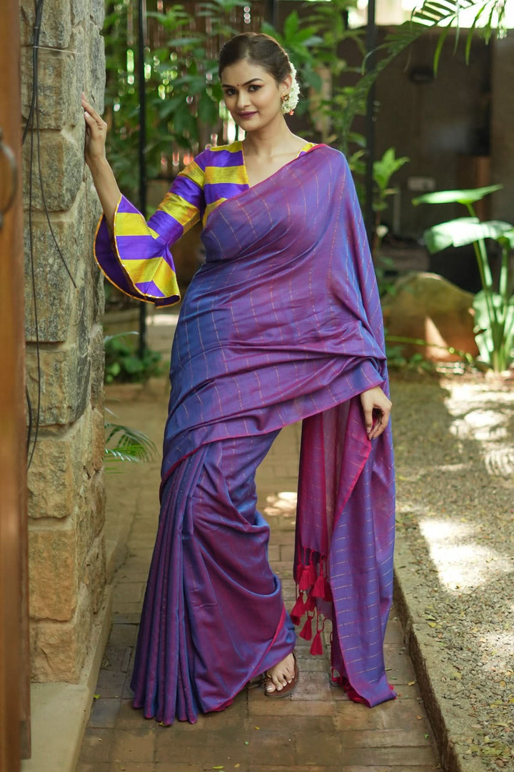 Reversible Maheshwari Saree in Mercerised Cotton with Extra Long tassles in Purple, no blouse Piece