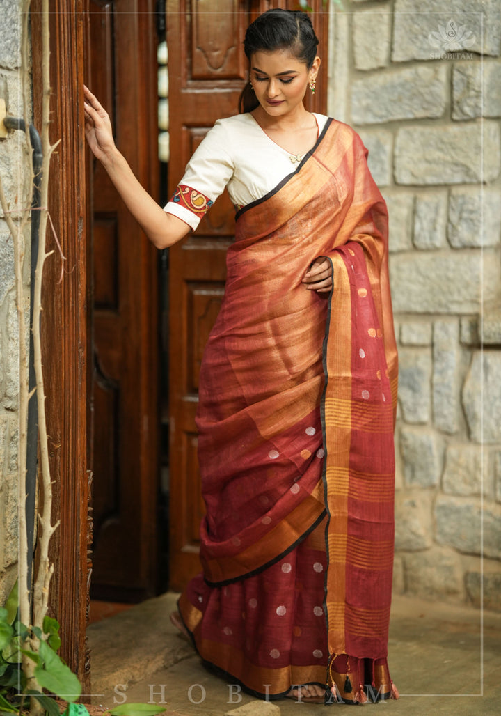 Maroon Dual Tone Linen Saree with tissue top and buttas | Shobitam Saree