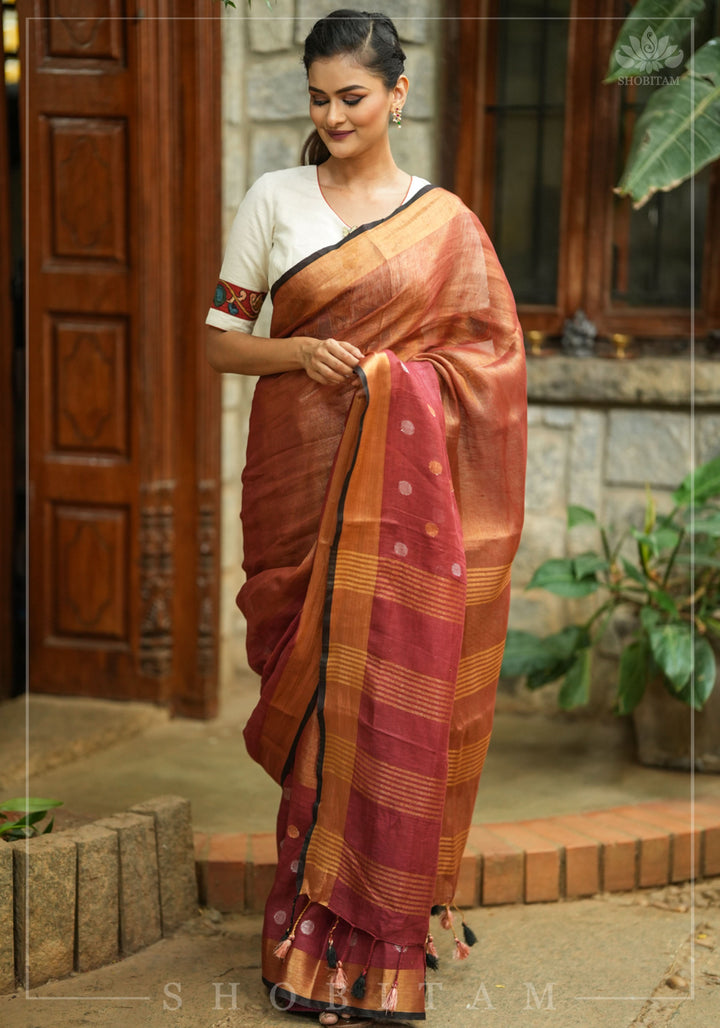 Maroon Dual Tone Linen Saree with tissue top and buttas | Shobitam Saree