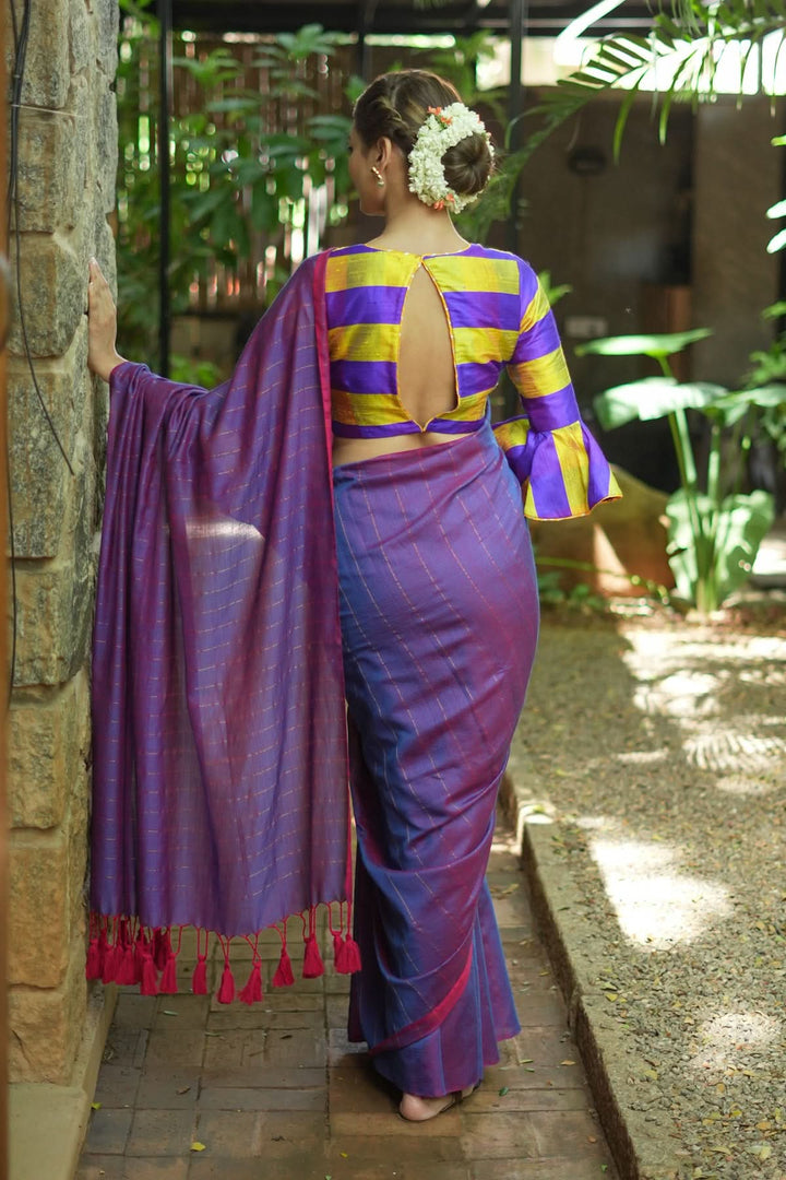 Reversible Maheshwari Saree in Mercerised Cotton with Extra Long tassles in Purple, no blouse Piece