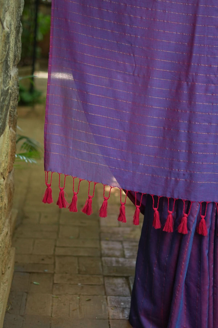 Reversible Maheshwari Saree in Mercerised Cotton with Extra Long tassles in Purple, no blouse Piece