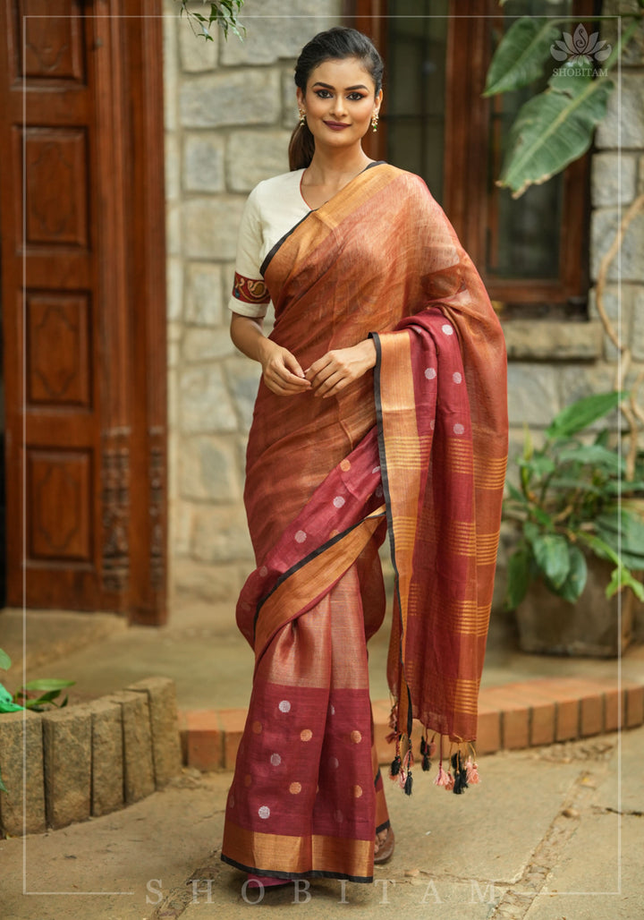 Maroon Dual Tone Linen Saree with tissue top and buttas | Shobitam Saree