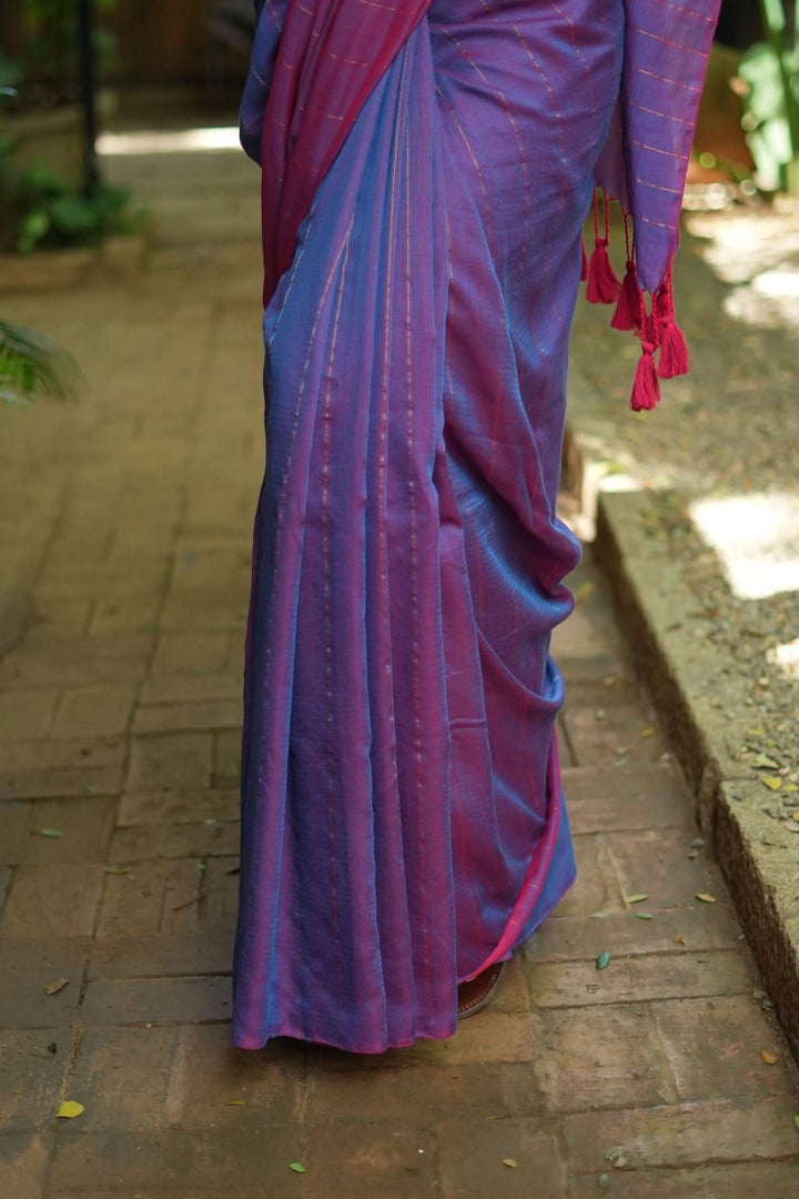 Reversible Maheshwari Saree in Mercerised Cotton with Extra Long tassles in Purple, no blouse Piece