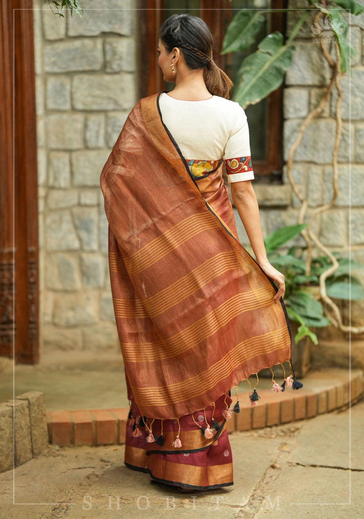 Maroon Dual Tone Linen Saree with tissue top and buttas | Shobitam Saree