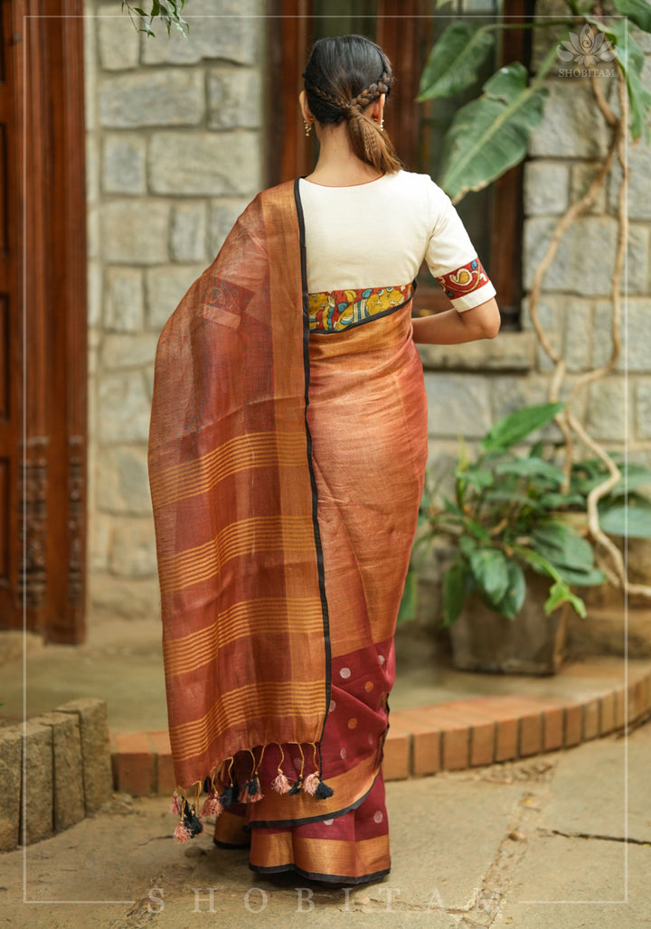 Maroon Dual Tone Linen Saree with tissue top and buttas | Shobitam Saree