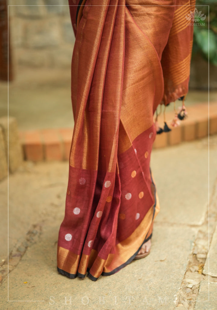 Maroon Dual Tone Linen Saree with tissue top and buttas | Shobitam Saree