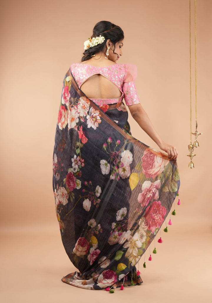 Carnation Pink sequin embroidery blouse with sheer puff sleeve