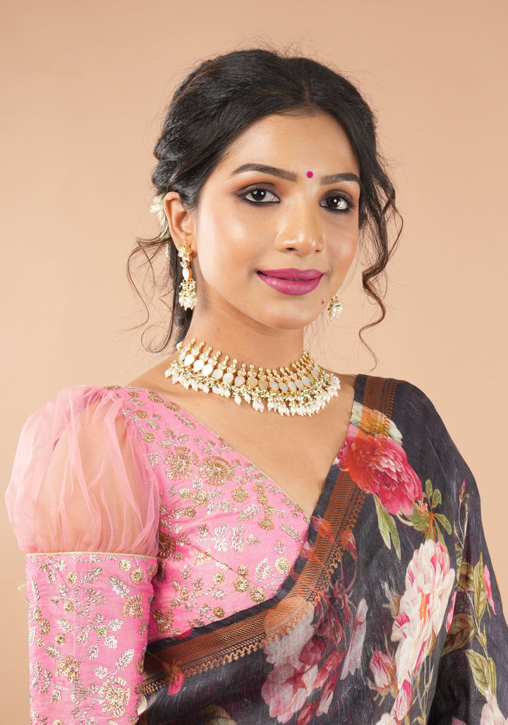 Carnation Pink sequin embroidery blouse with sheer puff sleeve