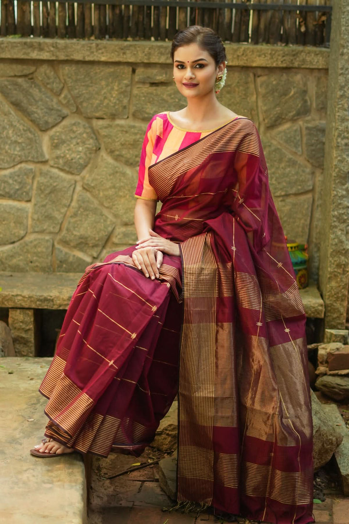 Maheshwari Silk Cotton Saree in Maroon with Stripes and Buttas