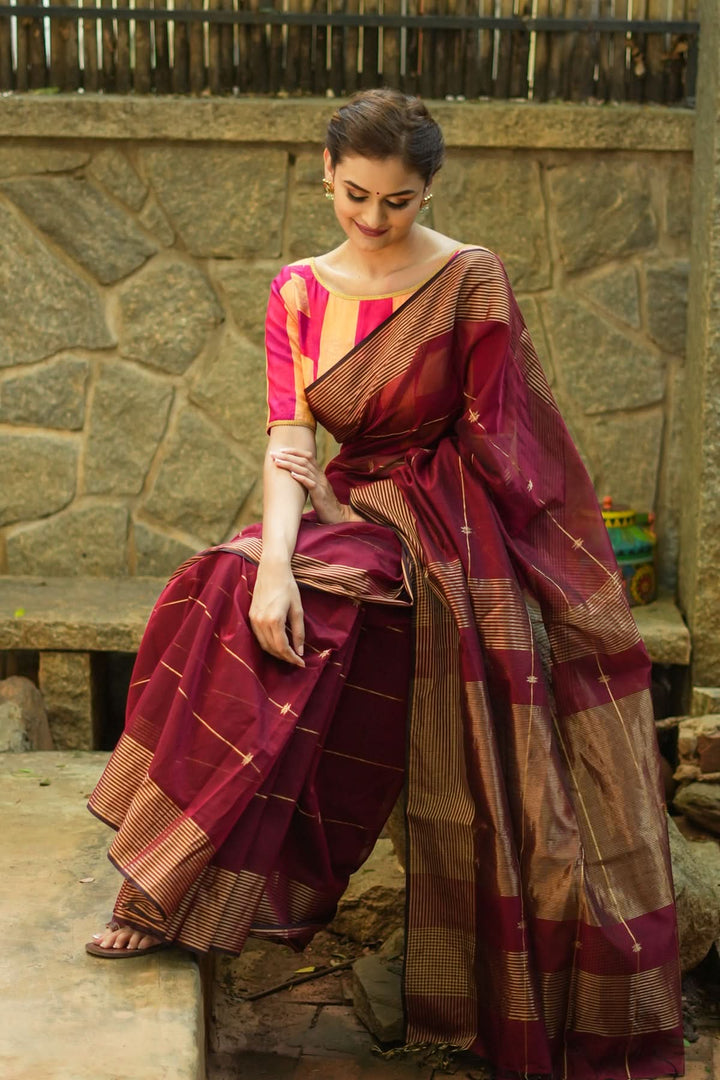 Maheshwari Silk Cotton Saree in Maroon with Stripes and Buttas