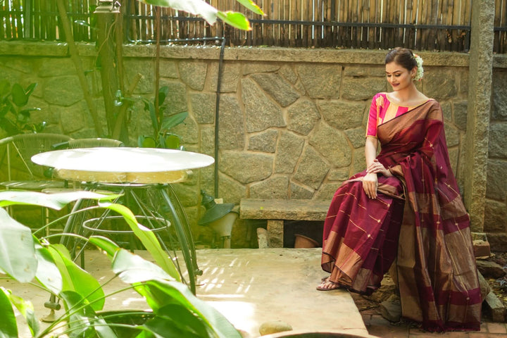 Maheshwari Silk Cotton Saree in Maroon with Stripes and Buttas