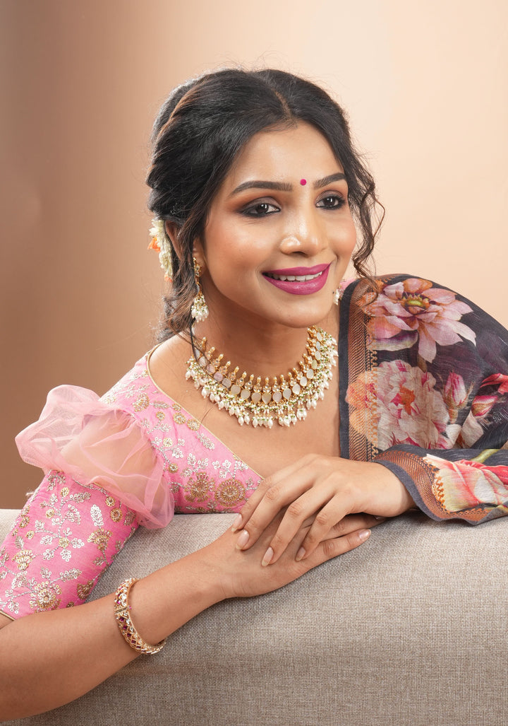 Carnation Pink sequin embroidery blouse with sheer puff sleeve