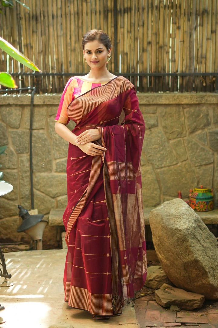 Maheshwari Silk Cotton Saree in Maroon with Stripes and Buttas