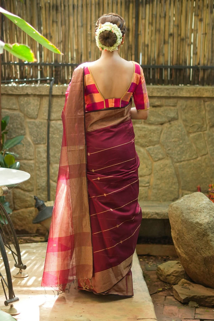 Maheshwari Silk Cotton Saree in Maroon with Stripes and Buttas