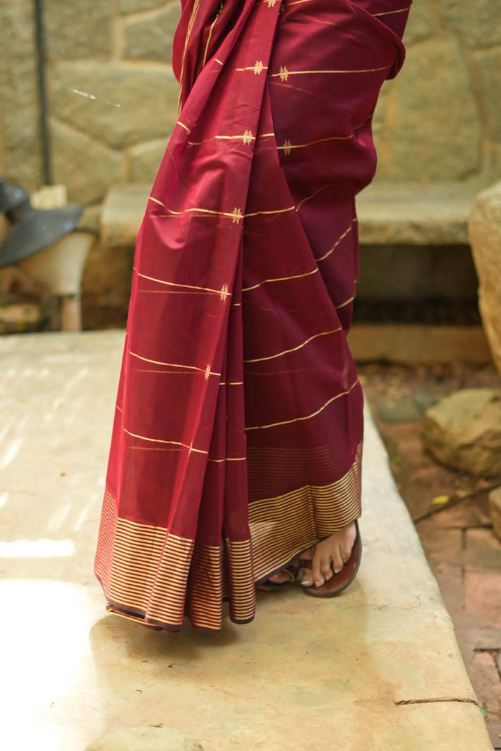 Maheshwari Silk Cotton Saree in Maroon with Stripes and Buttas