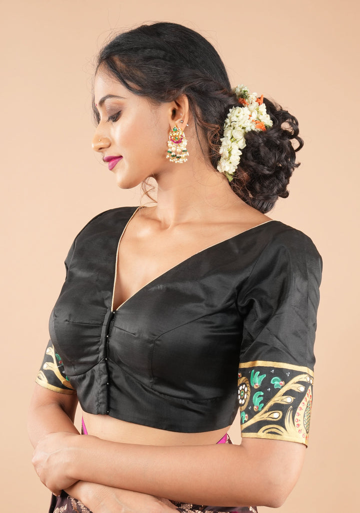 Tanjore Parrots - pure Silk blouse with Tanjore Style Hand painting, Color Customizable.