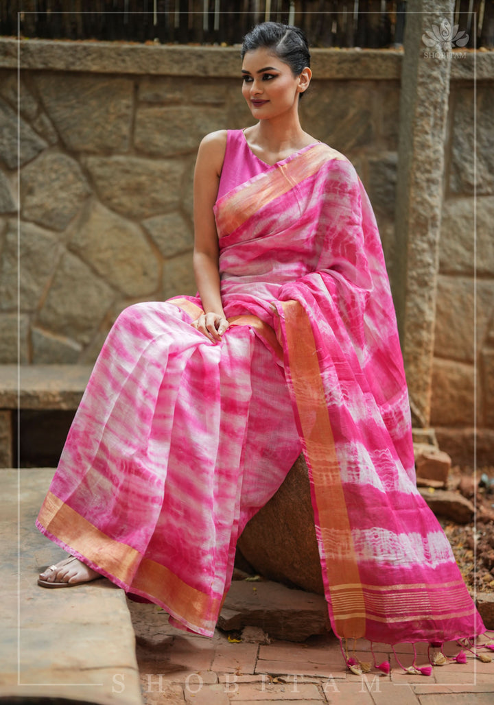 Handmade Shibori Dye Pure Linen by Linen Saree in Amaranth Pink and White with long tassels