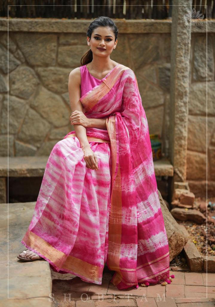 Handmade Shibori Dye Pure Linen by Linen Saree in Amaranth Pink and White with long tassels