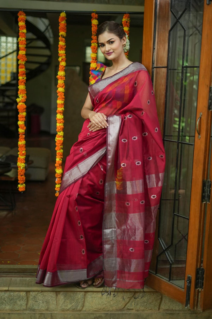 Exquisite Meenakari Handwoven Maheshwari Silk Cotton Saree in Red with meenakari buttas