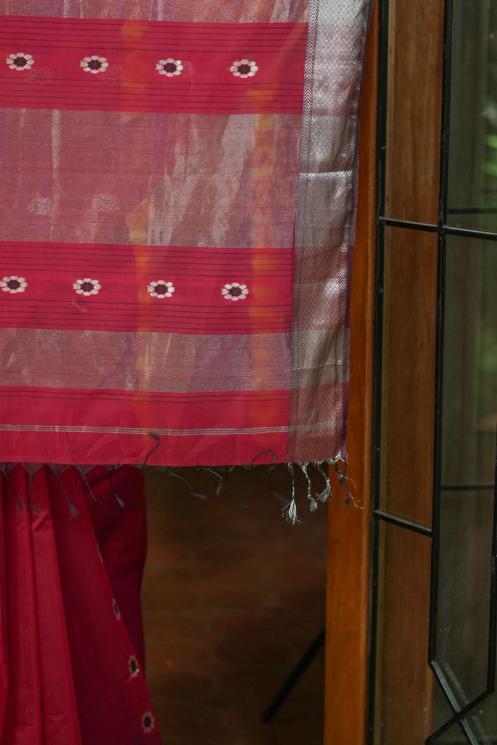 Exquisite Meenakari Handwoven Maheshwari Silk Cotton Saree in Red with meenakari buttas
