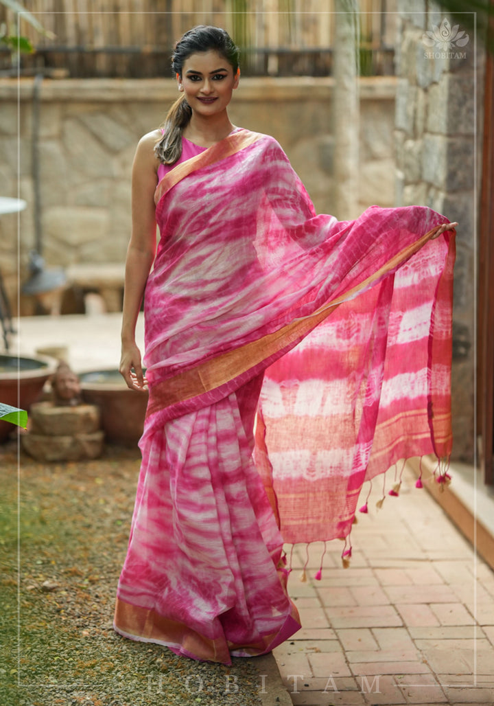 Handmade Shibori Dye Pure Linen by Linen Saree in Amaranth Pink and White with long tassels