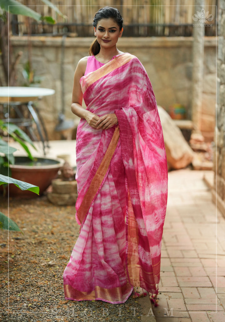 Handmade Shibori Dye Pure Linen by Linen Saree in Amaranth Pink and White with long tassels