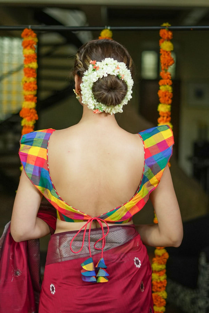 Exquisite Meenakari Handwoven Maheshwari Silk Cotton Saree in Red with meenakari buttas