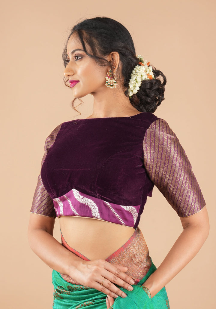 Plum Velvet and  Brocade blouse with  Boat neck and double tie up tassel at the back