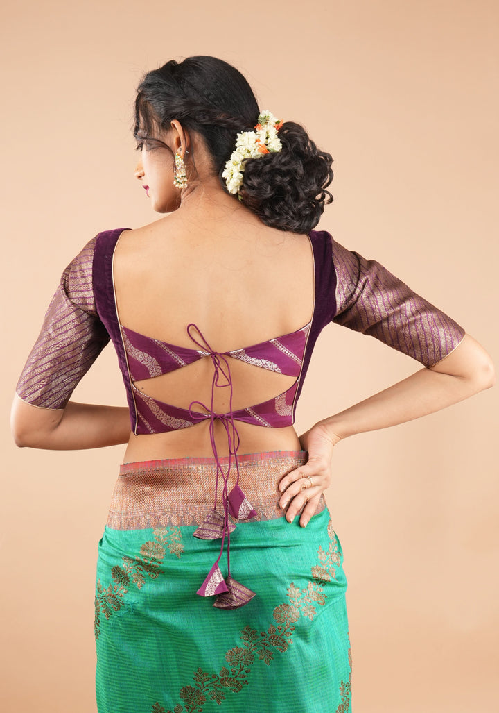 Plum Velvet and  Brocade blouse with  Boat neck and double tie up tassel at the back