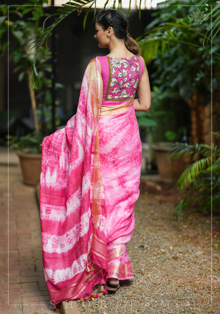 Handmade Shibori Dye Pure Linen by Linen Saree in Amaranth Pink and White with long tassels