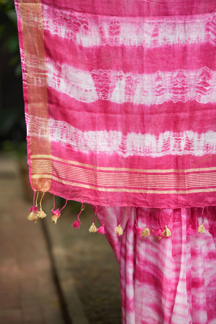 Handmade Shibori Dye Pure Linen by Linen Saree in Amaranth Pink and White with long tassels