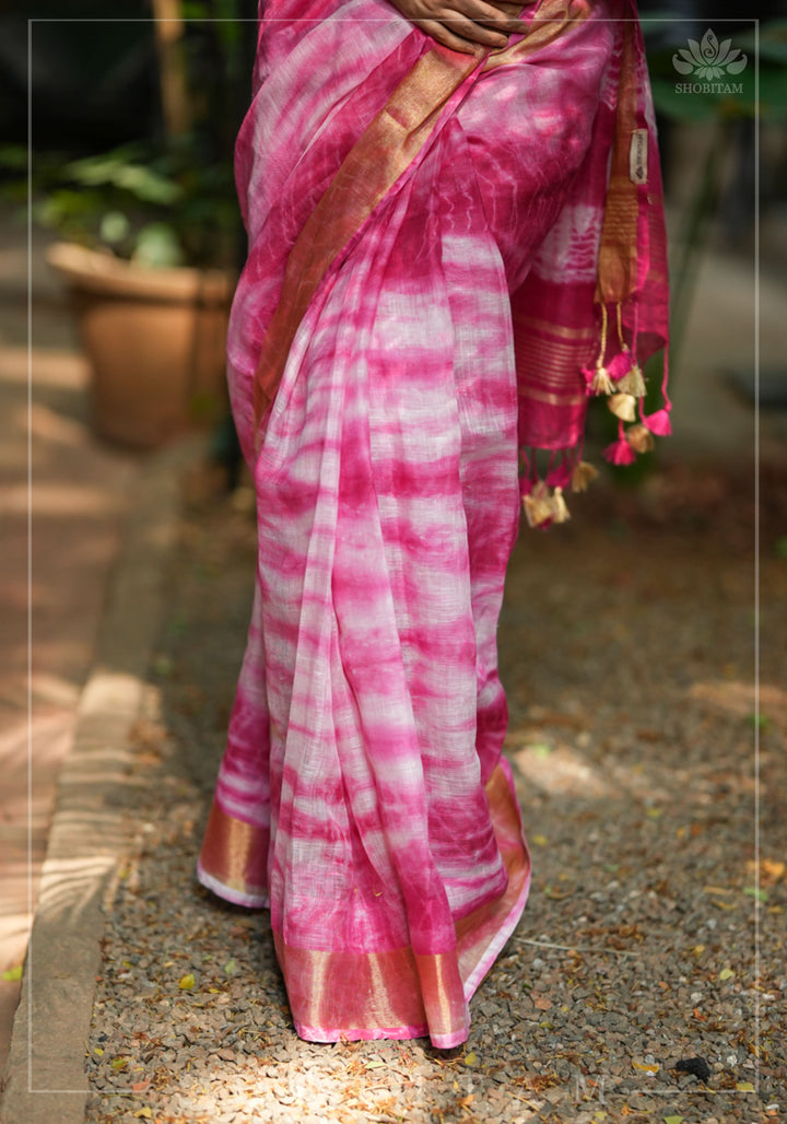 Handmade Shibori Dye Pure Linen by Linen Saree in Amaranth Pink and White with long tassels
